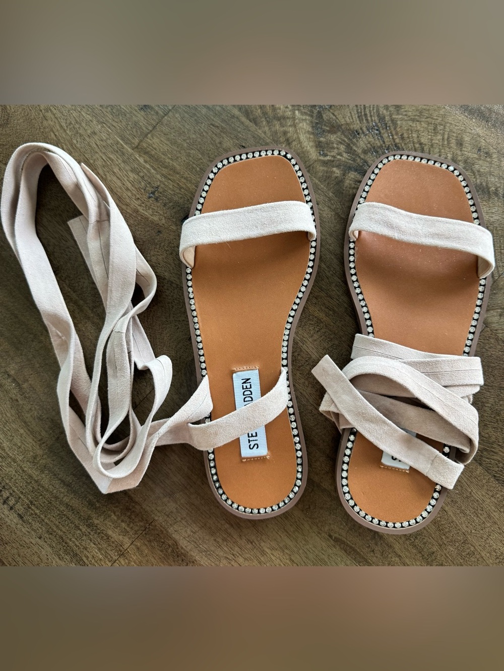 Steve Madden Blush Suede Crystal-Trim Lace-Up Flat Sandals